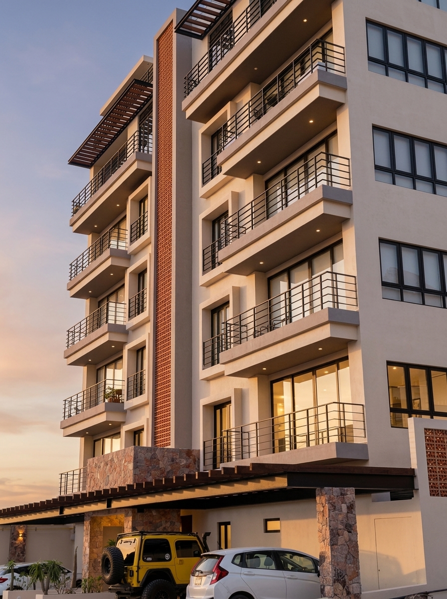 ZUL PV al atardecer — fachada con celosía de ladrillo terracota e iluminación exterior