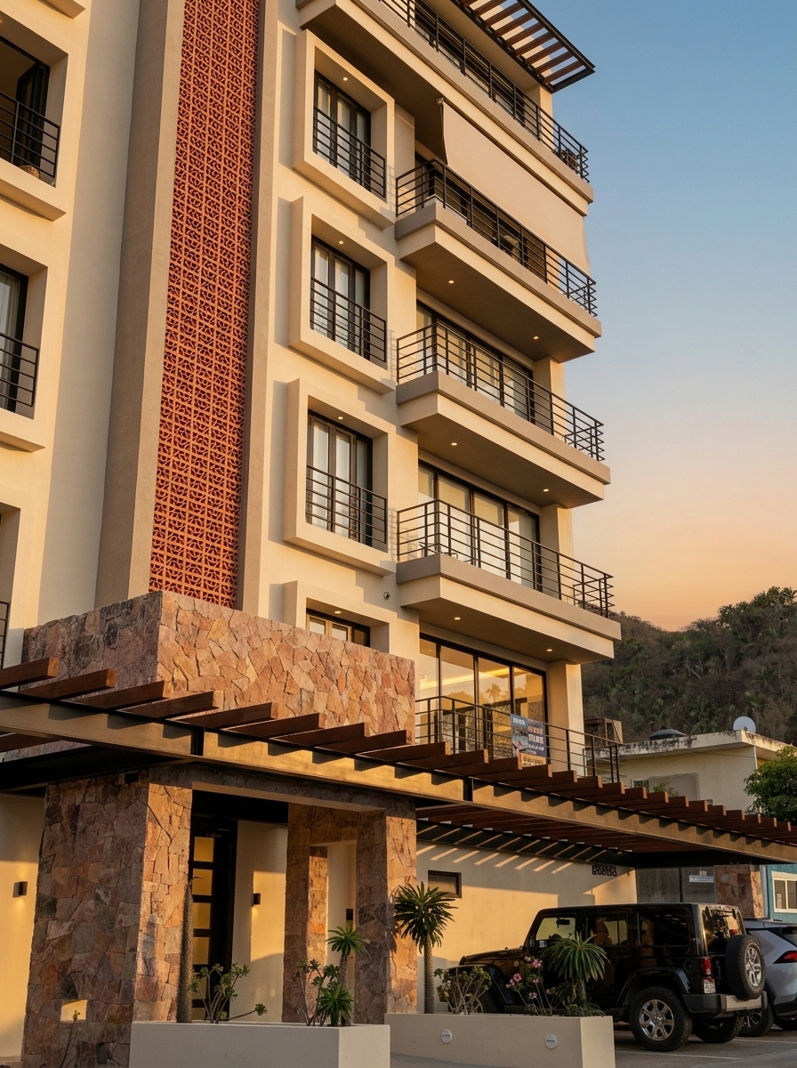 ZUL PV — fachada lateral con pérgola de madera al atardecer