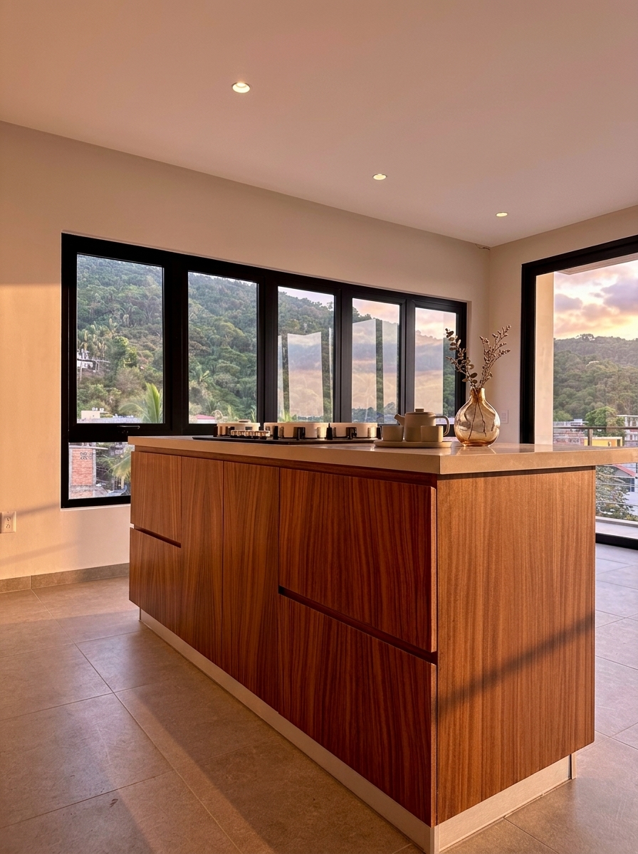 Cocina con isla de parota y vista a la montaña al atardecer — ZUL PV