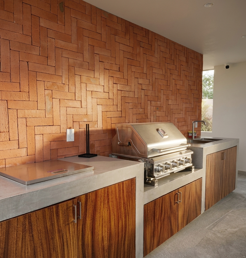 Terraza BBQ — parrilla de acero con muro de ladrillo herringbone y gabinetes de parota, ZUL PV